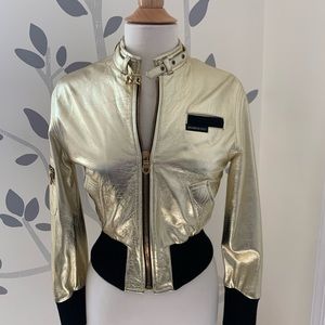 Members only gold metallic lamb skin jacket